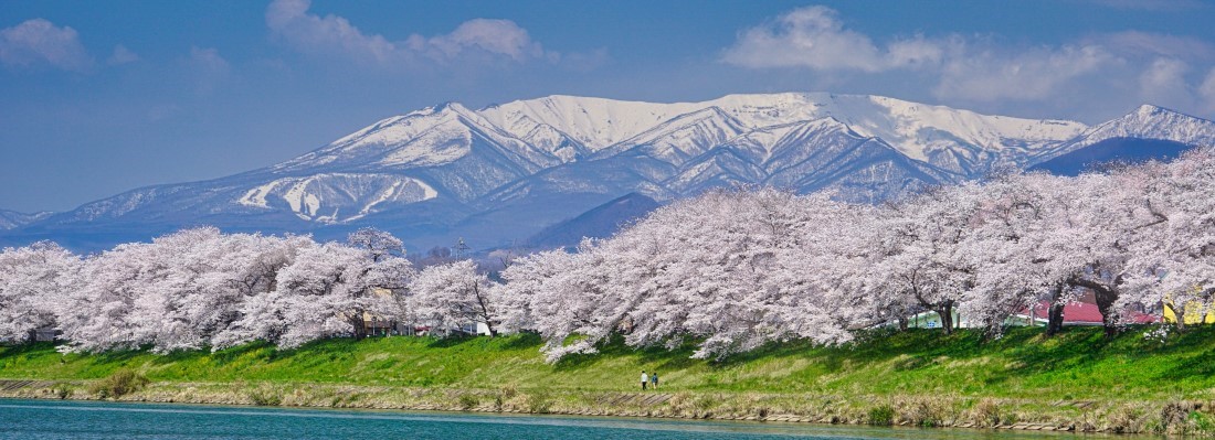 Shiroishi Riverside view in spring, Funaoka, Tohoku